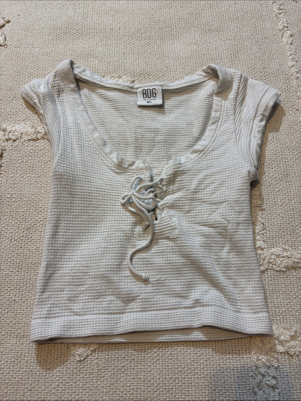 BDG White Lace-Up Textured Scoop Crop Top